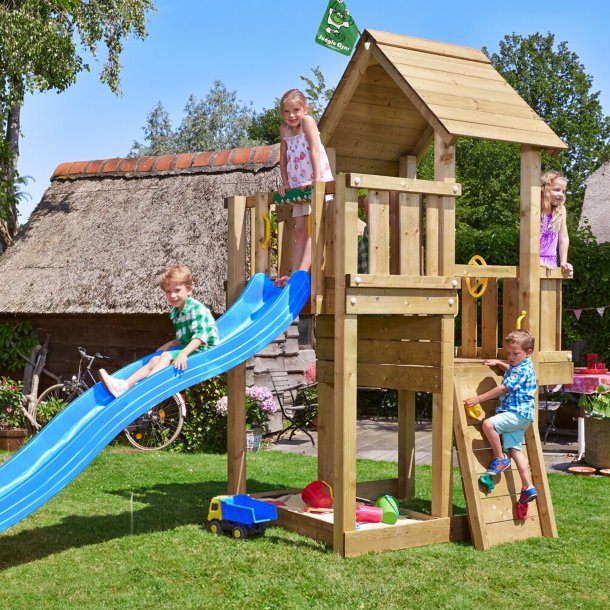 Jungle Gym Cubby legetrn komplet inkl. 120 kg sand og bl rutschebane