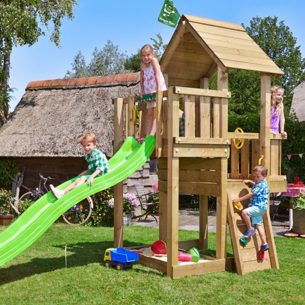 Jungle Gym Cubby legetrn komplet inkl. 120 kg sand og grn rutschebane