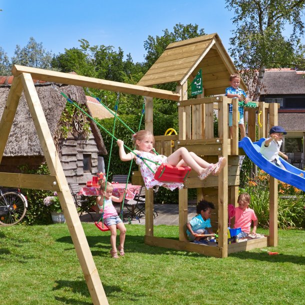 Jungle Gym Cubby legetrn komplet inkl. swing modul x'tra, 120 kg sand og bl rutschebane