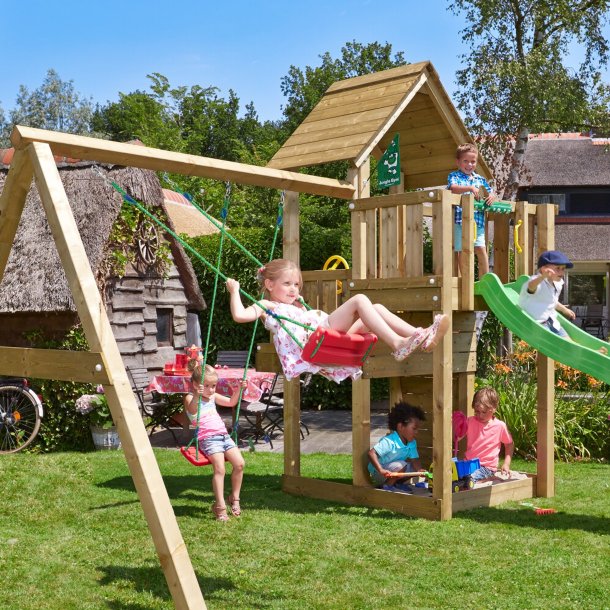 Jungle Gym Cubby legetrn komplet inkl. swing modul x'tra, 120 kg sand og grn rutschebane