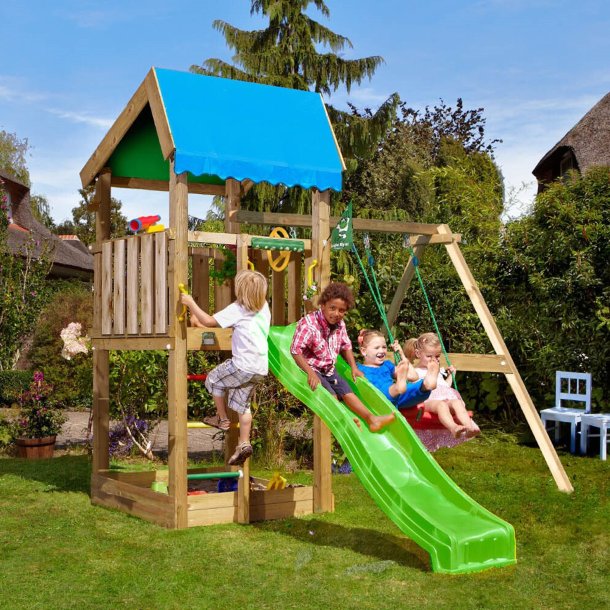 Jungle Gym Home legetrn komplet inkl. swing modul x'tra og grn rutschebane