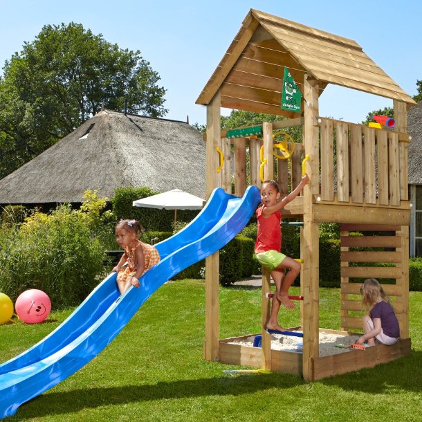 Jungle Gym Cabin 2.1 legetrn komplet inkl. 120 kg sand og bl rutsjebane