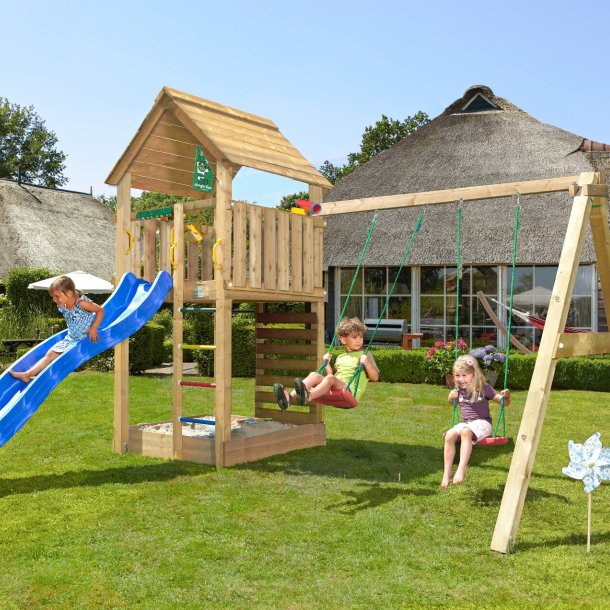 Jungle Gym Cabin 2.1 legetrn komplet inkl. swing modul 120 kg sand og bl rutsjebane