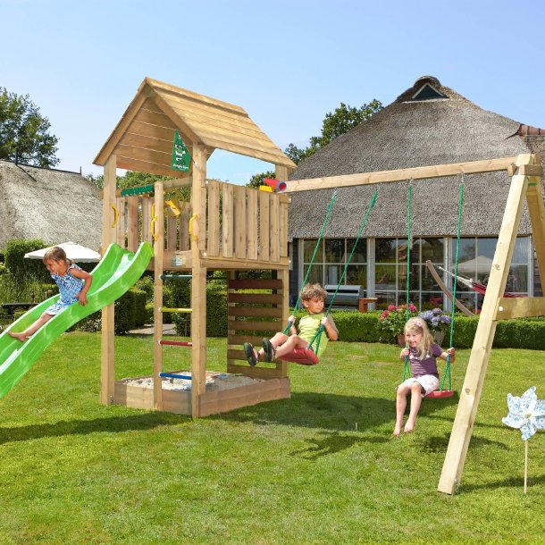 Jungle Gym Cabin 2.1 legetrn komplet inkl. swing modul 120 kg sand og grn rutsjebane