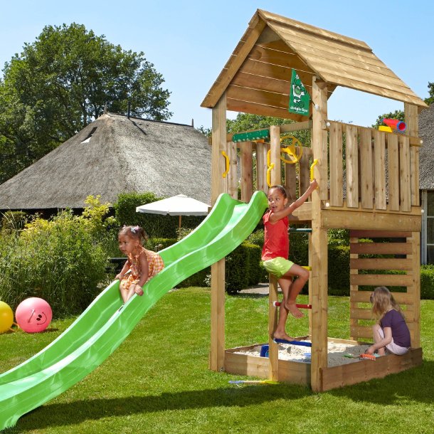 Jungle Gym Cabin 2.1 legetrn komplet inkl. 120 kg sand og grn rutsjebane