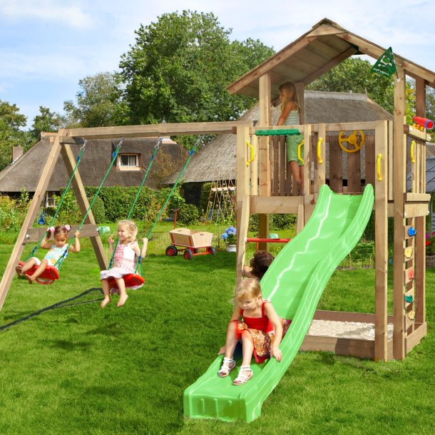 Jungle Gym Chalet 2.1 legetrn komplet inkl. swing modul x'tra, 120 kg sand og grn rutschebane