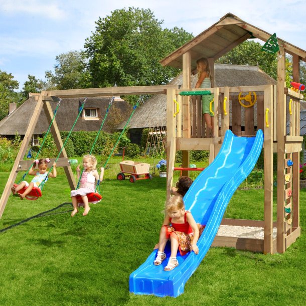 Jungle Gym Chalet 2.1 legetrn komplet inkl. swing modul x'tra og bl rutschebane