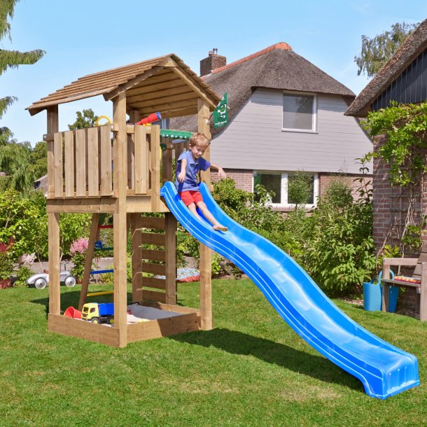 Jungle Gym Cottage 2.1 legetrn komplet inkl. 120 kg sand og bl rutschebane