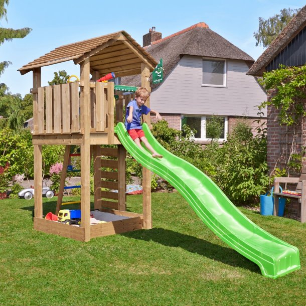 Jungle Gym Cottage 2.1 legetrn komplet inkl. 120 kg sand og grn rutschebane