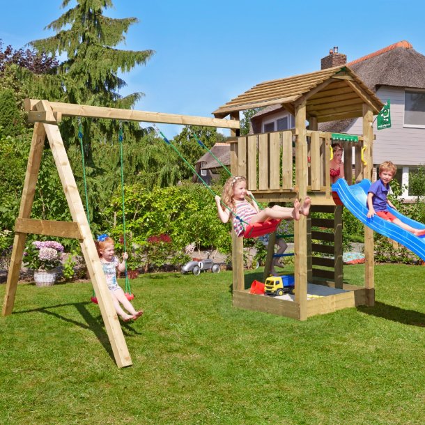 Jungle Gym Cottage 2.1 legetrn komplet inkl. swing modul 120 kg sand og bl rutschebane