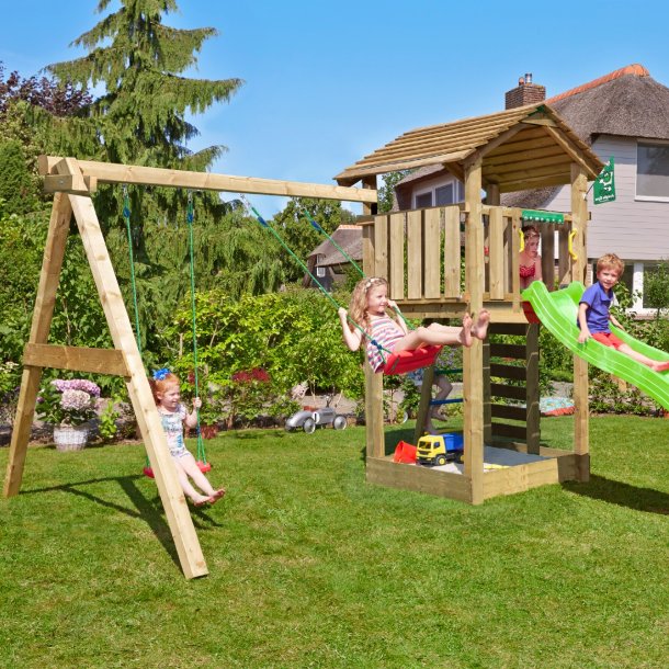 Jungle Gym Cottage 2.1 legetrn komplet inkl. swing modul 120 kg sand og grn rutschebane