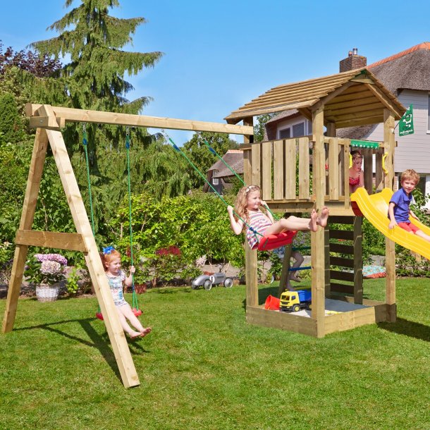 Jungle Gym Cottage 2.1 legetrn komplet inkl. swing modul og gul rutschebane