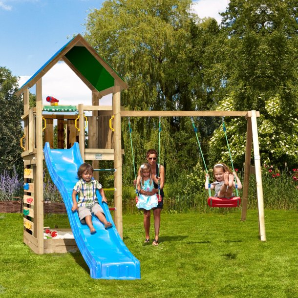 Jungle Gym Lodge 2.1 legetrn komplet inkl. swing modul og bl rutschebane