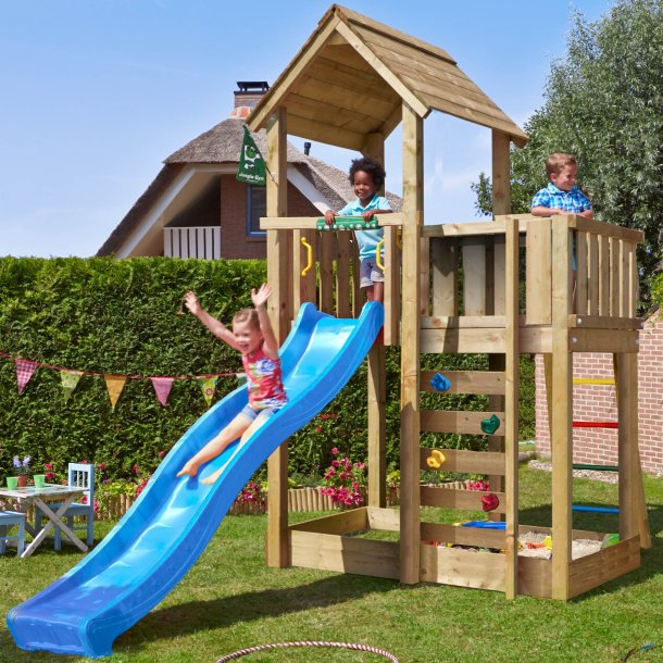 Jungle Gym Mansion 2.1 legetrn komplet inkl. 120 kg sand og bl rutsjebane