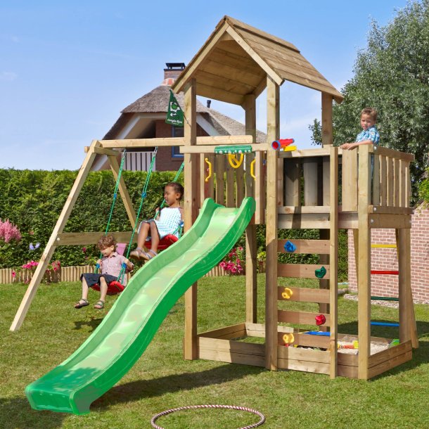 Jungle Gym Mansion 2.1 legetrn komplet inkl. swing modul, 120 kg sand og grn rutsjebane