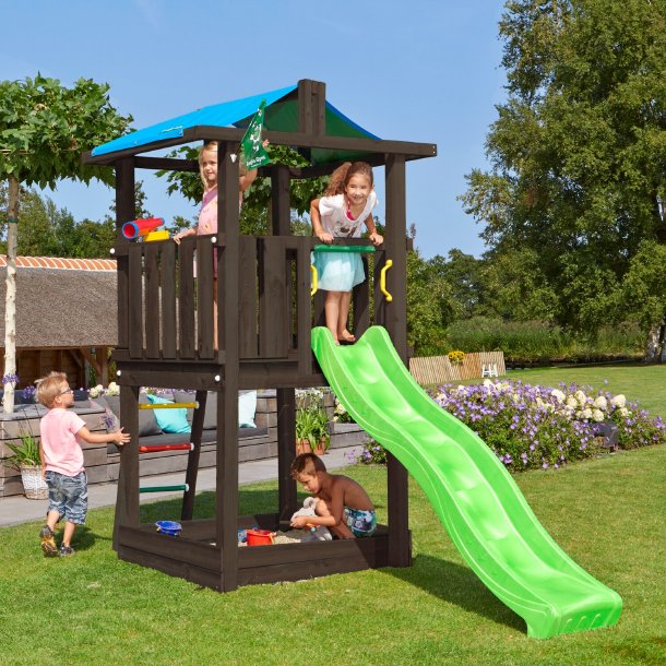 Jungle Gym Hut legetrn komplet inkl. grn rutschebane, grundmalet sort