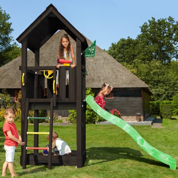 Jungle Gym Club legetrn komplet inkl. grn rutschebane, grundmalet sort